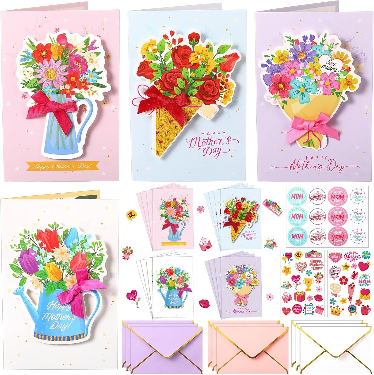 Mother’s Day Card Making Kit – 12 Pack 3D Flower Bouquet Greeting Cards with Envelopes, Stickers & Ribbons, Handmade DIY Cards for Mom, Wife, Daughter & Friends